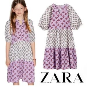 Zara Lavender and White Mixed-Print Tiered Dress